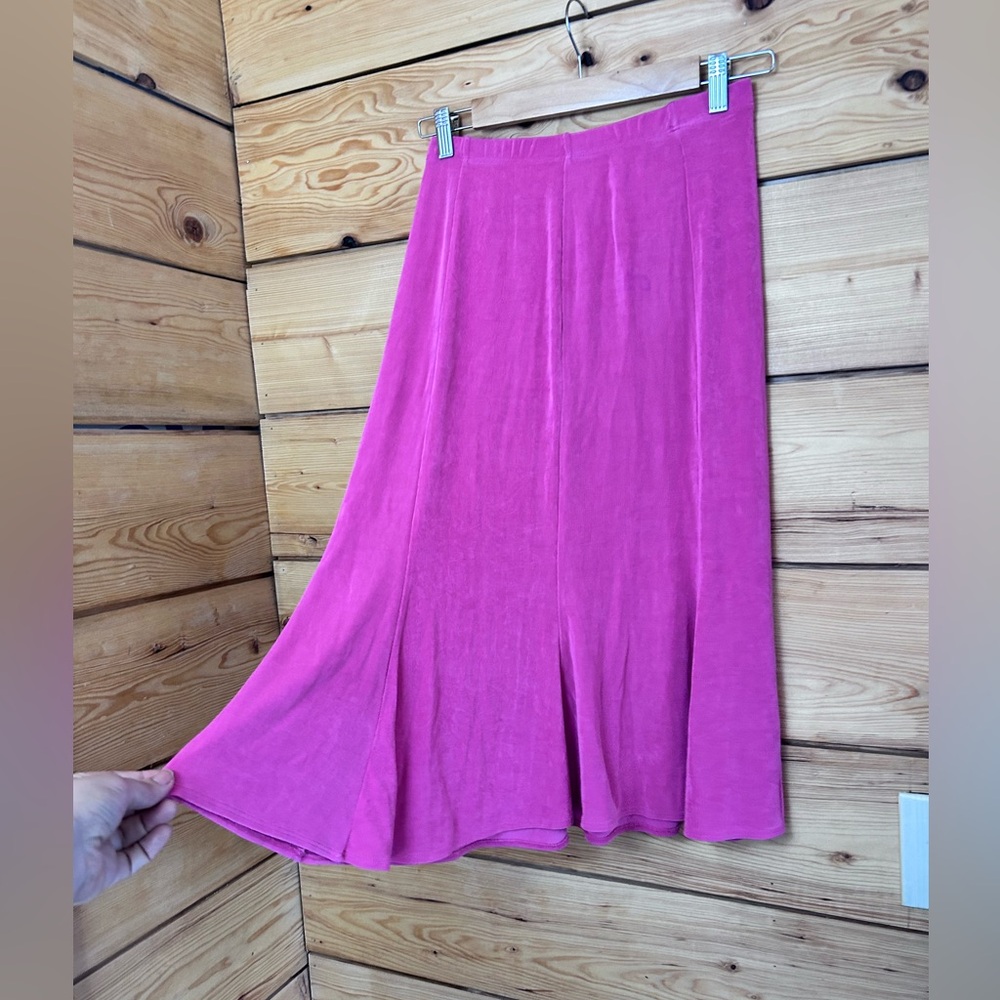 Vintage Kim & Co 609 Tulip Pink Fuchsia Midi Twirl Skirt Slinky Sz Medium Retro - Picture 3 of 7
